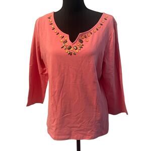 Sapphire Star women's orange pullover size Large faux large bead neckline V-neck